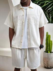 Manfinity Homme 男士夏季短袖单排扣衬衫和短裤休闲西装男士奶油色纽扣男士宽松衬衫亚麻两件套男士男士街头潮流衬衫男士短款纽扣衬衫，送给男朋友的绝佳礼物