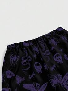 ROMWE Goth Plus Size Fashion Dark Moth Snake Skull Print Wide Leg Pants - Purple - View 3