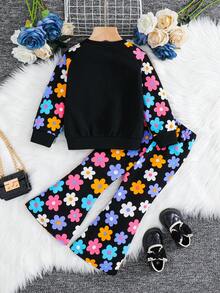 SHEIN مجموعة فتاة صغيرة قطعتين ، بلوزة كاجوال ملونة ذات طباعة زهرية/نقشة زهرية ، وبنطلون بنمط لباس الأطفال مع أكمام راجلان ، مناسبة للارتداء اليومي والمدرسي في فصلي الخريف والشتاء ، أنيقة وجميلة ومريحة ومتعددة الاستخدامات ، للمدرسة والمنزل والعطلات ، مناسبة لعيد الميلاد