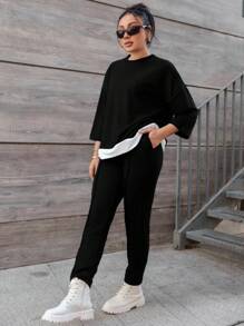 EURMUSE Ensemble Top et pantalon à col rond color block en coton grande taille pour femmes - Noir - Voir 4