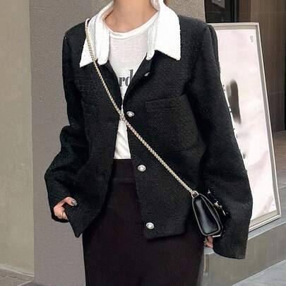 여성 대비 칼라 패치워크 루즈 버튼 장식 캐주얼 긴소매 재킷 가을, 겨울