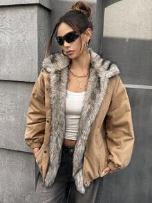 SHEIN ICON 女式毛绒衬里单排扣长袖休闲冬季夹克 - 棕色 - 查看 1