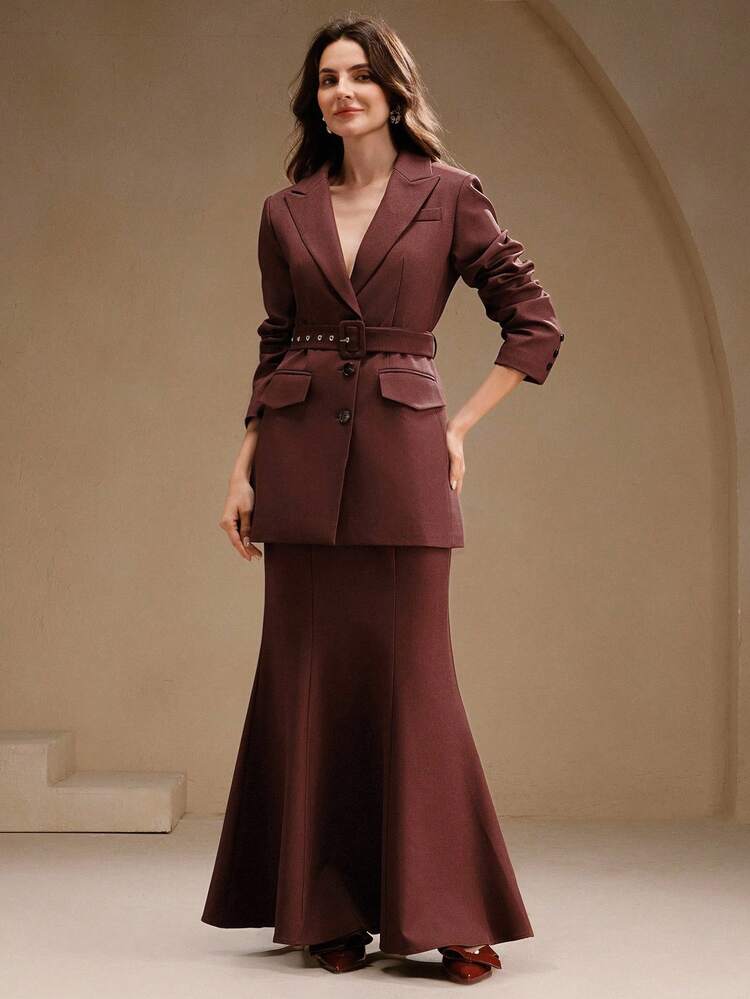 Office Lady Brown Elegant Suit Set, Long Sleeve Jacket And Mermaid Maxi Skirt, Autumn/Winter