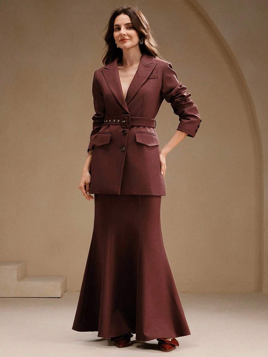 Anewsta Office Lady Brown Elegant Suit Set, Long Sleeve Jacket And Mermaid Maxi Skirt, Autumn/Winter - Coffee Brown - View 1