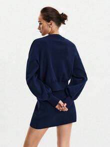 Lumivelle Women's Metal Flower Long Sleeve Single-Breasted Knit Cardigan And Versatile Mini Knit Skirt 2 Pieces Set Fall Winter Cloth For Women - Royal Blue - View 2