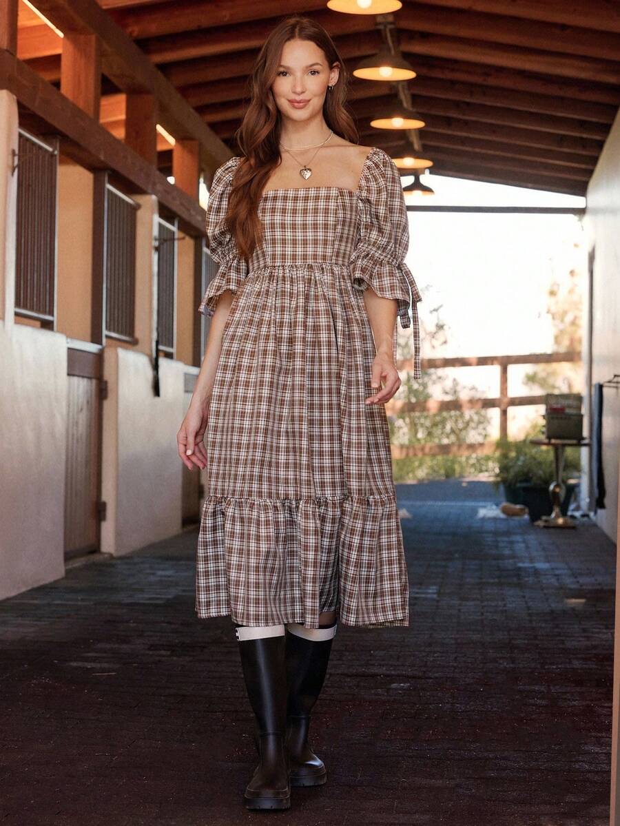 WESTFADE 格子方领泡泡袖蝴蝶结后背层叠荷叶边中长连衣裙秋季女式乡村音乐会服装 - 咖啡棕 - 查看 1