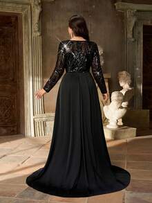 Aureia Đầm dạ hội cỡ lớn dành cho mùa thu đông, thanh lịch, lãng mạn, lộng lẫy, màu đen đính sequin, chất liệu satin, cổ tròn, tay dài xếp ly bất đối xứng, dáng ôm đuôi cá, thích hợp cho tiệc tối, tiệc độc thân, hẹn hò, kỳ nghỉ, lễ hội âm nhạc, mùa tựu trường, đám cưới, sự kiện, ngày Valentine. - màu đen - Xem 4