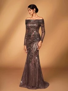 Serin 优雅奢华珍珠亮片花卉露肩透视长袖美人鱼连衣裙，适合婚礼、派对、度假、庆典、新娘送礼会、新娘母亲礼服 - 咖啡棕 - 查看 6