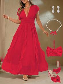 Roveilla Plus Size Elegant Solid Color Ruffle V-Neck Pleated Spring Summer Dress - Red - View 1