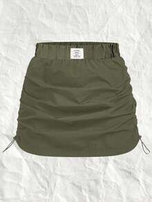 SHEIN EZwear CURVE 大码女式字母刺绣橄榄绿梭织半身裙 - 軍綠色 - 查看 3