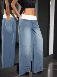 SHEIN Unity Damen Kontrast-Farbe Super Tief Taillierte Weite Jeans - Helle Waschung - Übersicht 3