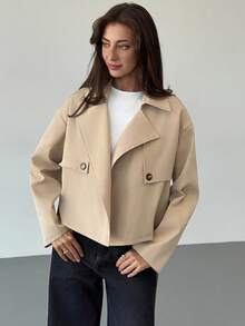 Aloruh Trench coat corto da donna con vita stretta, color cachi, versatile per l'autunno/inverno - Cachi - Visualizzare 2