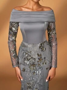 Serin Robe sirène à manches longues en satin élastique froncé, avec patchwork de dentelle brodée de sequins. Élégante et luxueuse, convient pour le mariage, les fêtes, les enterrements de vie de jeune fille, les vacances, le bal de promo, la mère de la mariée. - Gris - Voir 1