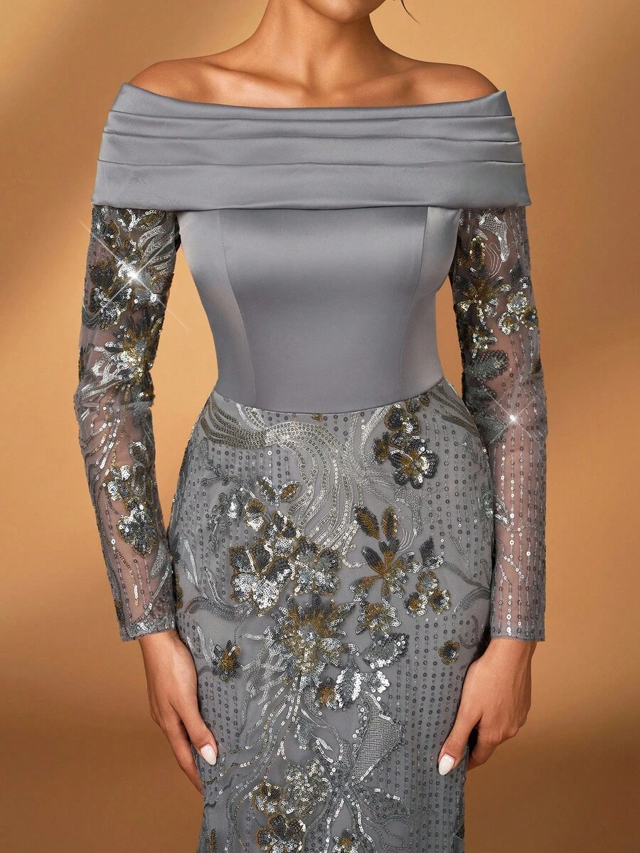 Serin Robe sirène à manches longues en satin élastique froncé, avec patchwork de dentelle brodée de sequins. Élégante et luxueuse, convient pour le mariage, les fêtes, les enterrements de vie de jeune fille, les vacances, le bal de promo, la mère de la mariée. - Gris - Voir 1