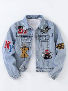 Coolqubz Tween Boy Casual Comfortable Vacation Fashion Street Cute Graffiti Embroidery Non-Stretch Long Sleeve Slim Fit Denim Jacket, Spring/Summer/Autumn. Fashionable Comfortable Daily Versatile Denim Jacket Fall Winter,Unisex - Light Wash - View 12