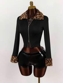 Amplova Women's Spring & Autumn Leopard Print Panel Fleece Lapel Long Sleeve Zip Front Fitted Jacket - Black - View 6