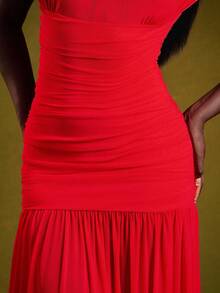 NYA SZN 红色褶饰立领超长连衣裙，带短袖，适合工作、婚礼宾客、节日派对和正式活动 - 紅色 - 查看 5