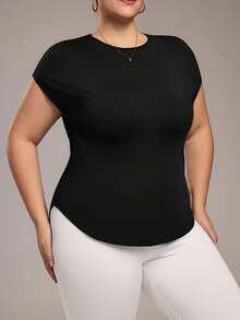 Rhythm Era 女式加大码网眼拼布短袖瑜伽T恤 - 黑色 - 查看 5