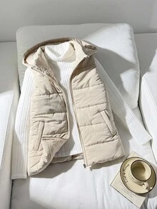 SHEIN 秋冬款青少年女童休闲连帽无袖棉服外套 - 杏色 - 查看 1