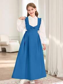 Set di gonna a balze con fiocco e bretelle e maglietta bianca per ragazze pre-adolescenti, stile casual da scuola, completo da divisa scolastica - Blu - Visualizzare 4