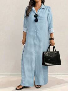Linhara Váy sơ mi dài phong cách ngày lễ cỡ lớn cho nữ, áo sơ mi dài tay, khối màu & sọc, nút đơn - Màu xanh nhạt - Xem 8