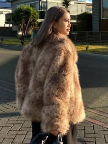 DAZY 女士动物纹长袖翻领宽松人造毛皮夹克女式外套 - 咖啡棕 - 查看 6