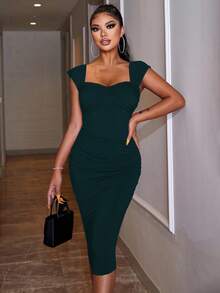 EURMUSE Women's Solid Color Sweetheart Neck Ruffle Sleeve Fitted Elegant Dress - Dark Green - View 4