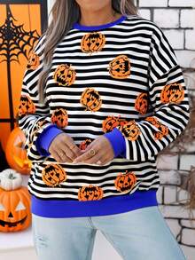EMERY ROSE Halloween Casual Versatile Minimalist Blue White Black Contrast Stripe Letter Pumpkin Graphic Plus Size Sweatshirt, Suitable For Halloween, Autumn/Early Winter Fall - Multicolor - View 2