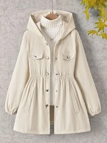 SHEIN Tween Girl Apricot Drawstring Waist Single-Breasted Casual Hooded Jacket - Apricot - View 3