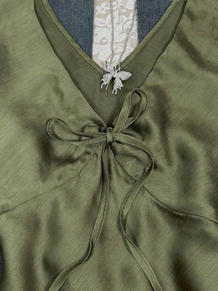 INAWLY Women's Casual Solid Color Tie Front Blouse, Summer - Dark Green - View 3