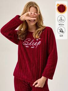 Loomlin 女士毛绒泰迪熊面料字母刺绣家居服休闲舒适睡衣套装 - 酒紅色 - 查看 4