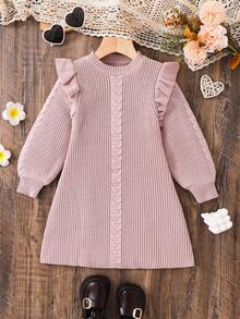 Emery Rose Kids Emery Rose Kids 年轻女孩纯色圆领荷叶边下摆休闲毛衣裙女秋冬装 - 粉色 - 查看 6
