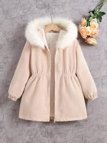 SHEIN 秋冬款青少年女孩宽松休闲简约舒适连帽羊毛夹克 - 卡其色 - 查看 1