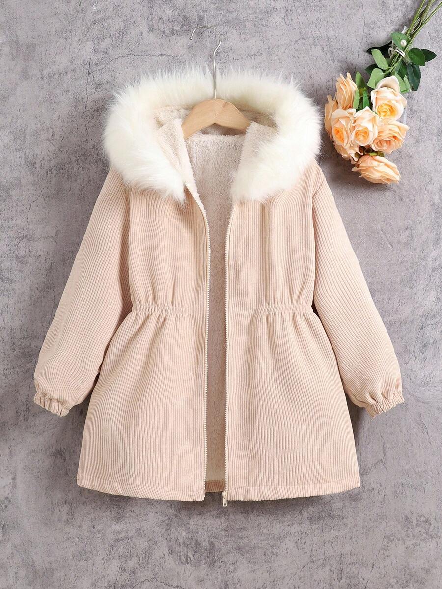 SHEIN 秋冬款青少年女孩宽松休闲简约舒适连帽羊毛夹克 - 卡其色 - 查看 1