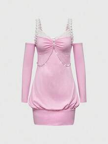 ROMWE J-Fashion Đầm dài ngang vai phối ren thêu họa tiết nơ thanh lịch dành cho nữ - Hồng - Xem 1