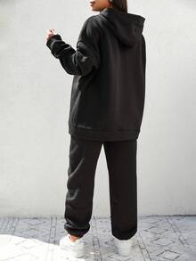 SHEIN Cottnline Cotton Plus Pocket Drop Shoulder Hoodie & Sweatpants - Black - View 3