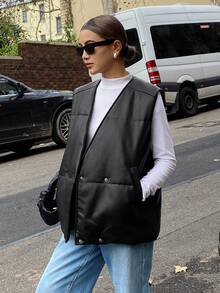 DAZY Women's Padded Vest Jacket, New Fashion Loose V-Neck Solid Color Casual Street Side Pocket Thickened Waistcoat Winter Leather Jacket - Black - View 4