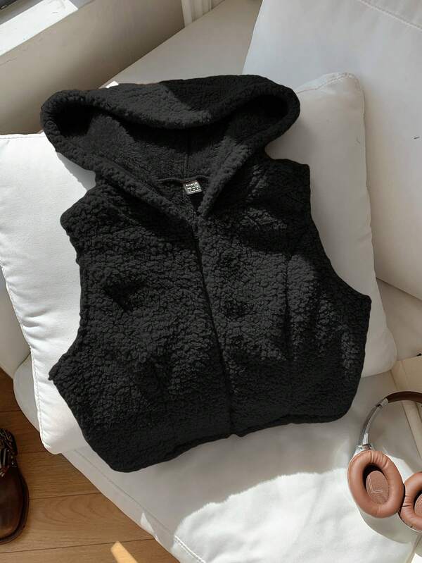 SHEIN Chaleco con capucha de punto suave y esponjoso de unicolor para niña