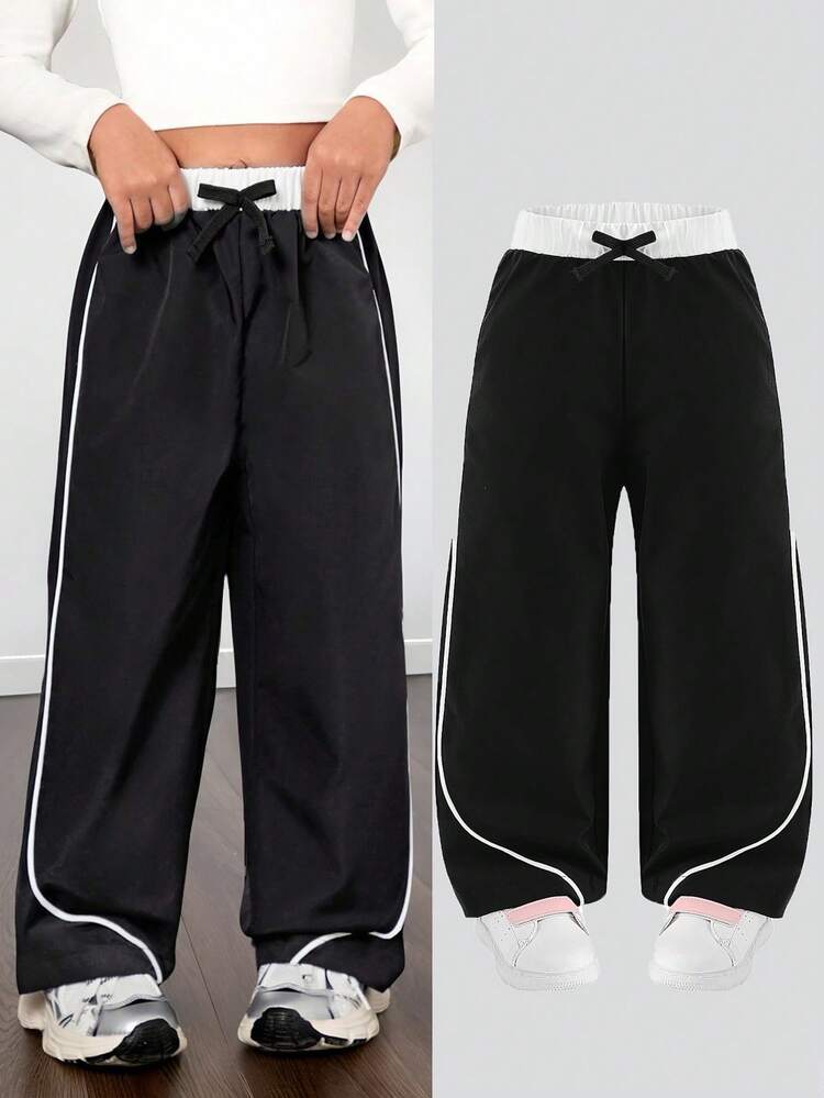 Mommy And Me Matching Pants (2 Pieces Sold Separately) Young Girl Woven Casual All-Match Versatile Cool Street Sporty 2 In 1 Black & White Contrast Color Waist Striped Trim Straight Leg Pants, Suitable For Autumn/Winter, Everyday, Sisters, Mother-Daughter, Street Wear,Holiday,Summer,Travel