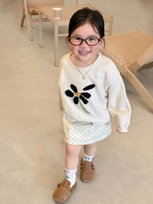 DAZY 女童圆领拼色花卉印花长袖毛衣，秋冬款 - 白色 - 查看 5