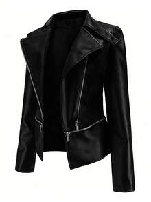 SHEIN Clasi Áo khoác xe máy nữ thanh lịch có khóa kéo phía trước bằng da PU trơn màu cỡ lớn - màu đen - Xem 6