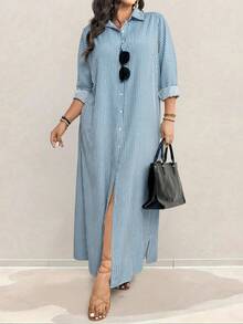 Linhara Váy sơ mi dài phong cách ngày lễ cỡ lớn cho nữ, áo sơ mi dài tay, khối màu & sọc, nút đơn - Màu xanh nhạt - Xem 3