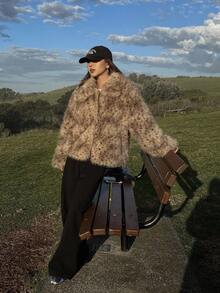 DAZY 女士动物纹长袖翻领宽松人造毛皮夹克女式外套 - 咖啡棕 - 查看 4