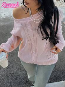 SHEIN Explorewe 情人节青少年女孩宽松多穿经典不对称领口圆领镂空针织长袖毛衣上衣，优雅风格 - 粉色 - 查看 1