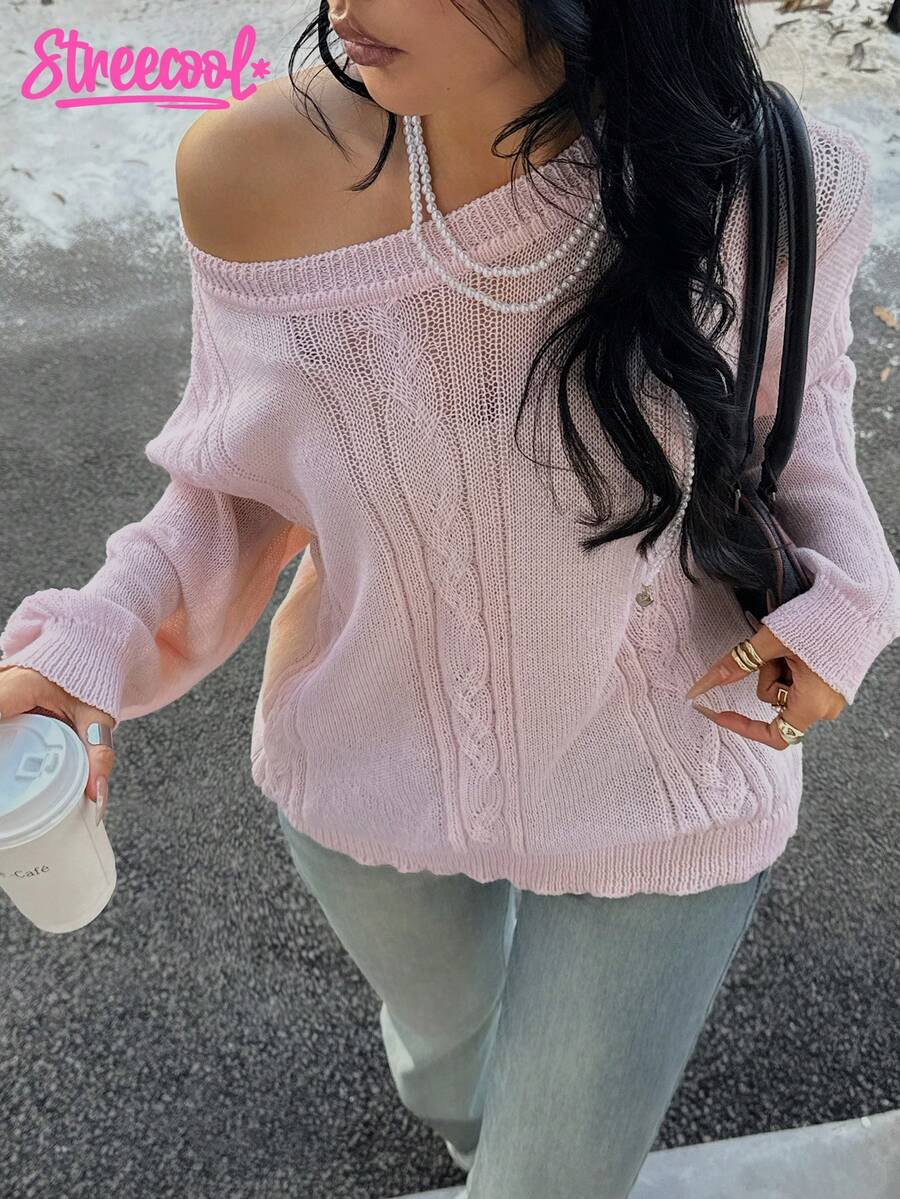 SHEIN Explorewe 情人节青少年女孩宽松多穿经典不对称领口圆领镂空针织长袖毛衣上衣，优雅风格 - 粉色 - 查看 1