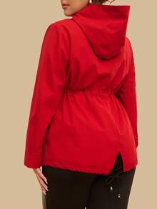 SHEIN VCAY 大码女式户外徒步防水连帽收腰长袖口袋夹克，适合秋冬季，红色 - 紅色 - 查看 2