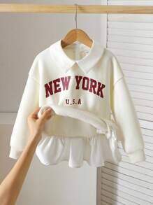 SHEIN Young Girl Letter Print Color Block 2 In 1 Thermal Lined Casual Crew Neck Long Sleeve Sweatshirt, Autumn/Winter Fall - Apricot - View 7