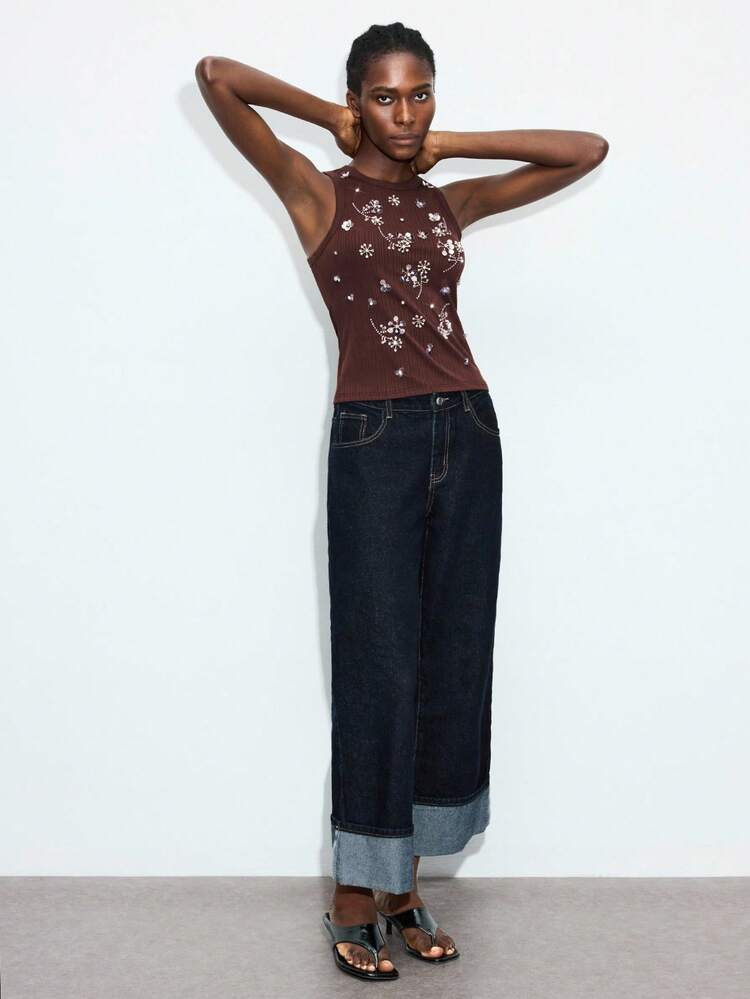 SHEIN Maija Haftowany, okrągły dekolt, bez rękawów, dopasowany, jesienny damski top bez rękawów, minimalistyczny, w stylu kurortu, uniwersalny, odpowiedni na Boże Narodzenie, powrót do szkoły, dla nauczycieli, na co dzień