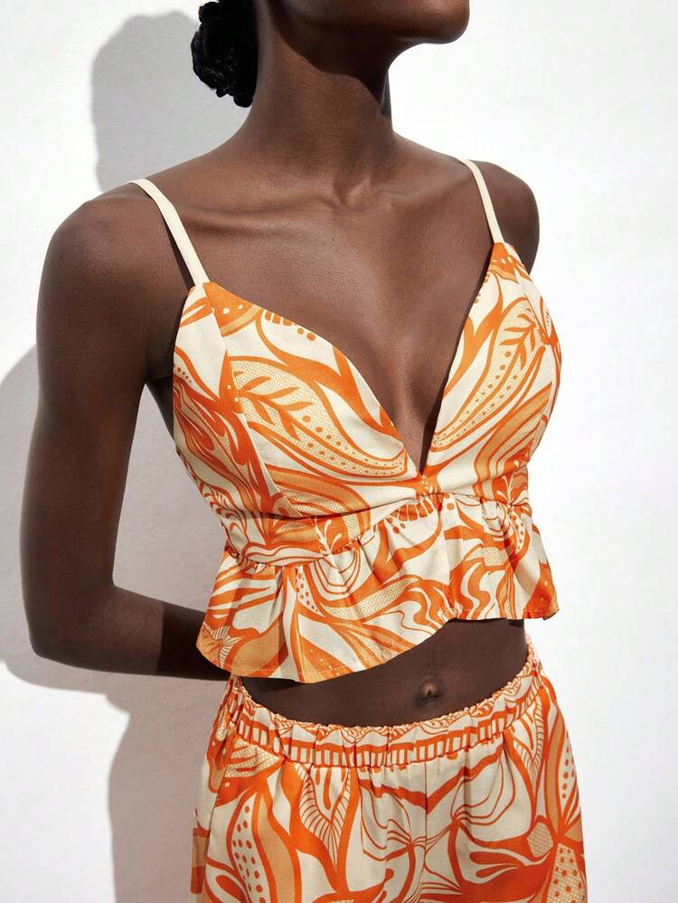 SHEIN Maija Women's V-Neck Adjustable Strap Floral Print Ruffle Hem Elastic Back Cami Top, Suitable For Vacation & Beach Holiday