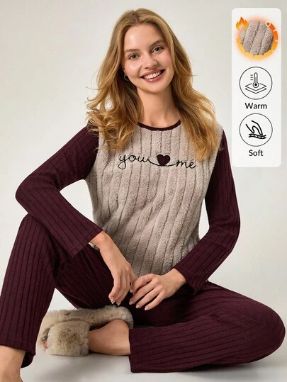 Loomlin Women Autumn Winter Wellsoft Comfort Fuzzy Rib Knit Fabric Contrast Color Embroidery Detail Long Sleeve Sleep Top+ Solid Sleep Pants Pajama Sets Warm Pajamas For Women Lounge Wear Women Set Pajama Sets For Women Winter